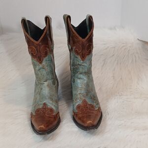 Lane CowGirl Leather Turquoise Blue Brown Vintage Western Boots Sz 7.5